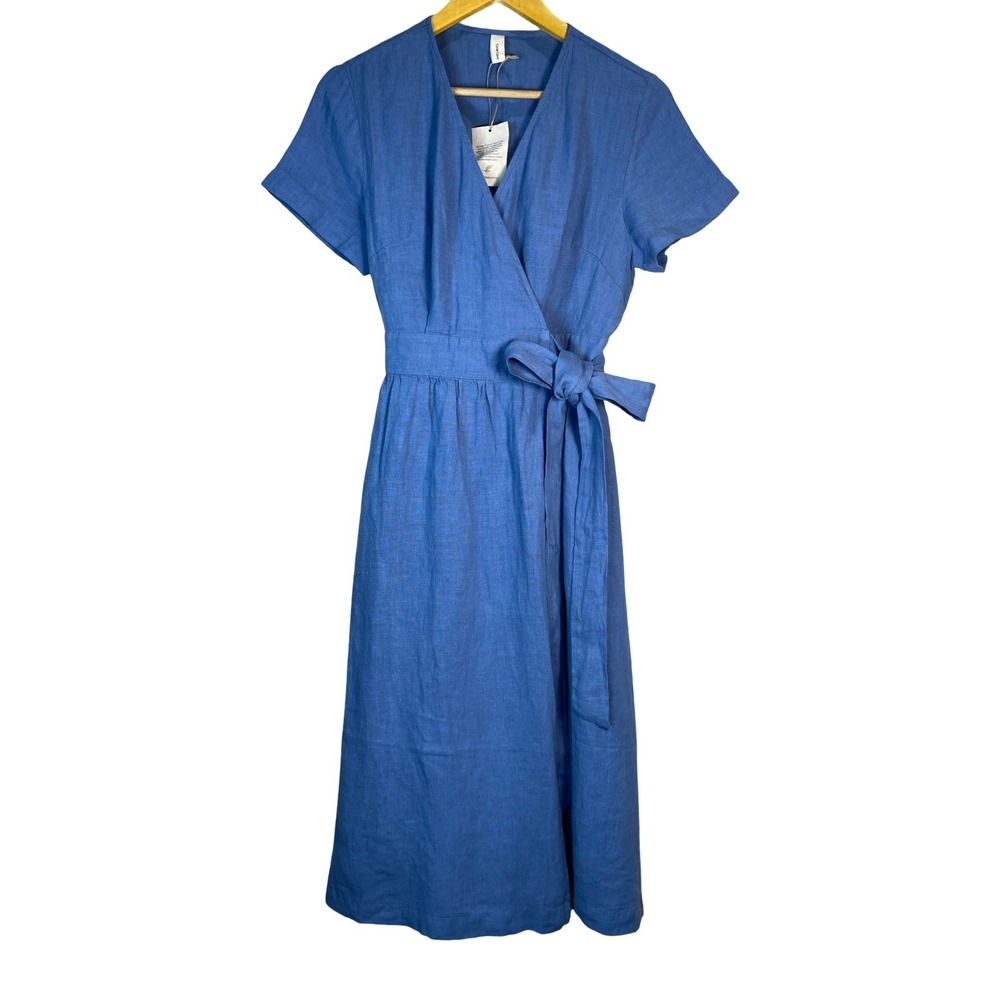 Grae Cove 100% Linen Wrap Midi Dress Blue Short Sleeve V-Neck Tie Waist NEW
